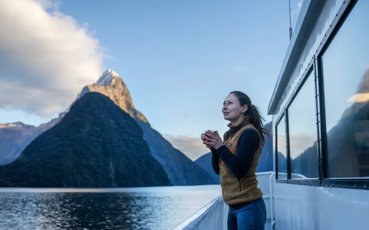 Mitre Peak seen from a nature cruise in Milford Sound